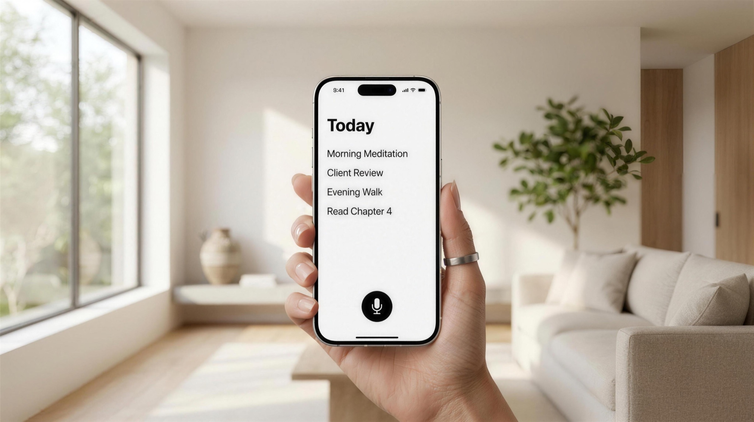An iPhone 17 running Oats — the calm Today surface — held in a bright, minimal space
